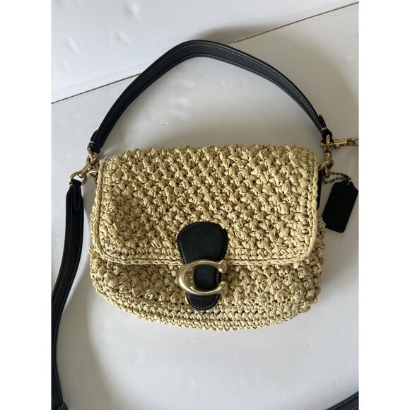 Coach Soft Tabby Shoulder Bag Popcorn Raffia Straw Leather CA032 Crossbody Purse - Picture 1 of 14